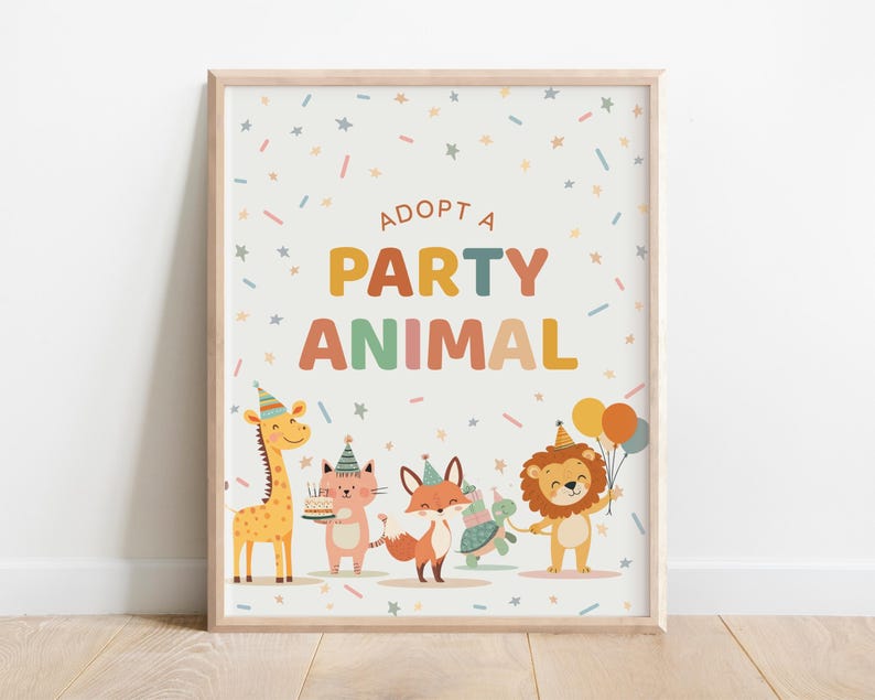 May include: A framed print with the text "Adopt a Party Animal" and illustrations of a giraffe, cat, fox, turtle, and lion, all wearing party hats and holding balloons and a cake. The background is white with confetti and star accents.