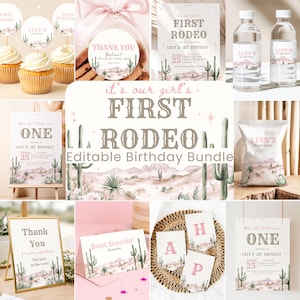 My First Rodeo Girls Birthday Bundle Editable Cowgirl First Rodeo Invitation Set Western 1st Birthday Decor Pink Rodeo Party Download