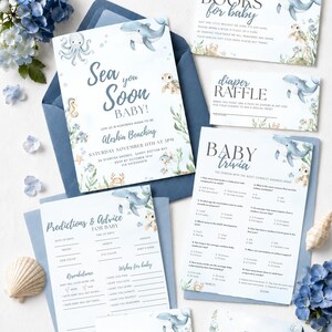 Sea You Soon Baby Bundle Summer Under the Sea Baby Shower Decor for Boy Editable Canva Party Set with Invitations Favors Signs & Labels imagen 2