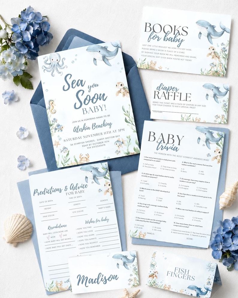 Sea You Soon Baby Bundle Summer Under the Sea Baby Shower Decor for Boy Editable Canva Party Set with Invitations Favors Signs & Labels imagen 2