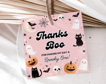 Halloween Thankyou Tag Pink Ghost Girls Party Favor Tag Spooky One Birthday Editable Boo Day Goodie Bag Label Digital Printable Template