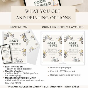 May include: A motorcycle-themed birthday invitation set. The design includes a 5x7 inch invitation, a matching envelope liner, and a mobile version. The invitation reads "Fast and Five" with the birthday details.
