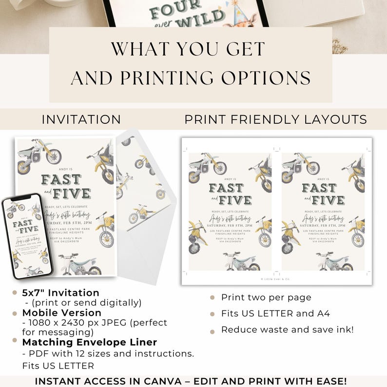 May include: A motorcycle-themed birthday invitation set. The design includes a 5x7 inch invitation, a matching envelope liner, and a mobile version. The invitation reads "Fast and Five" with the birthday details.