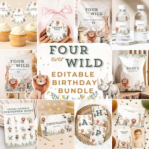 Peut inclure: Un ensemble de fournitures de fête sur le thème du safari, comprenant des décorations de cupcakes, des autocollants, des invitations, des étiquettes de bouteilles d'eau et des sacs à friandises. Le texte "FOUR ever WILD" et "RORY'S BIRTHDAY" sont visibles. Le lot comprend une chasse au trésor et des cartes de chocolat.