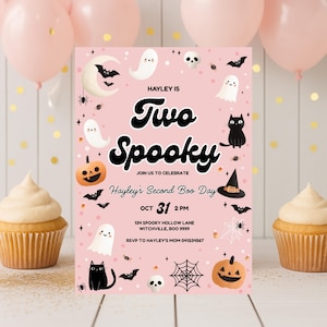 Two Spooky Birthday Invitation for Girls Pink Halloween Party Invite Cute Ghost Themed 2nd Birthday Editable Cute & Spooky Printable Card