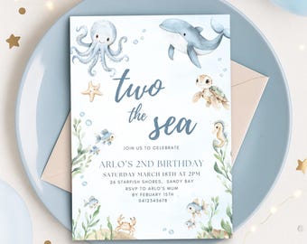 May include: A light blue invitation card with watercolor illustrations of sea creatures, including an octopus, whale, and turtle. The text reads "two the sea" and announces Arlo's 2nd birthday, with date, time, and location details.