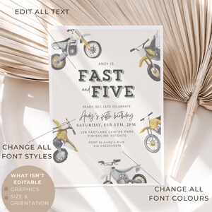 May include: A birthday invitation with a motorcycle theme. The text reads "FAST and FIVE" with the party details. The invitation features illustrations of dirt bikes in yellow, grey, and white.