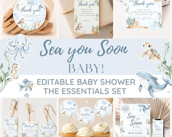 Sea You Soon Baby Shower Set Ocean Theme Invitation Coastal Thank You Tags Editable Nautical Cupcake Topper Summer Beach Party Download