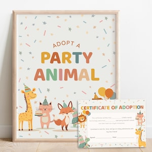 May include: A framed print with the words "ADOPT A PARTY ANIMAL" in colorful letters. The print features illustrations of a giraffe, cat, and fox, all wearing party hats. A smaller "CERTIFICATE OF ADOPTION" is also included.
