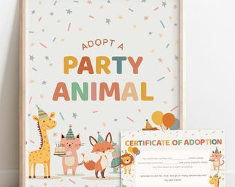 Puede incluir: Un cartel enmarcado con las palabras "ADOPTA UNA MASCOTA DE FIESTA" en letras coloridas. El cartel presenta ilustraciones de una jirafa, un gato y un zorro, todos con sombreros de fiesta. También se incluye un "CERTIFICADO DE ADOPCIÓN" más pequeño.
