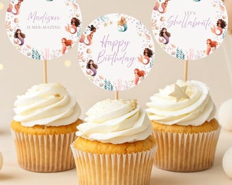 Mermaid Theme Cupcake Toppers Under the Sea Party Decor Pastel Girl Birthday Editable Mermaid Cake Topper Printable Centerpiece Download
