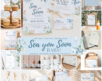 Sea You Soon Baby Bundle Summer Under the Sea Baby Shower Decor for Boy Editable Canva Party Set with Invitations Favors Signs & Labels