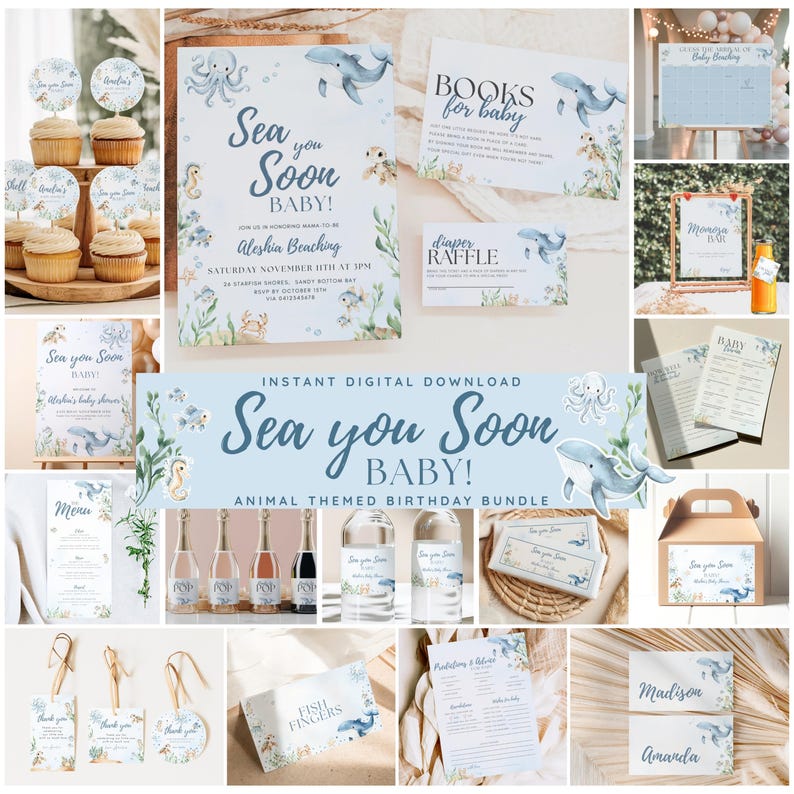 Sea You Soon Baby Bundle Summer Under the Sea Baby Shower Decor for Boy Editable Canva Party Set with Invitations Favors Signs & Labels imagen 1