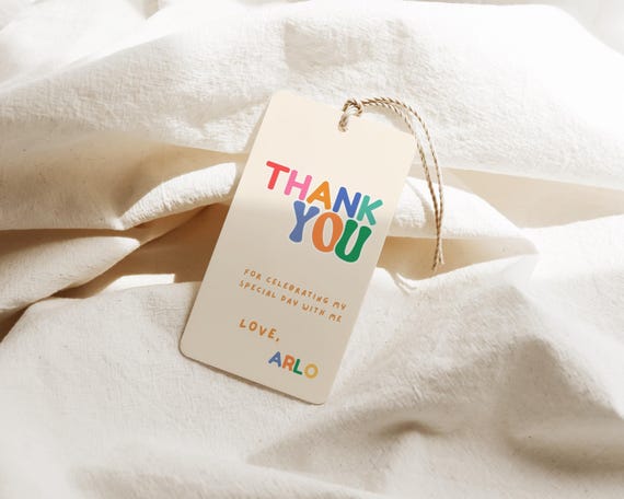 Colorful Kids Birthday Thank You Tag, Editable Simple Bright and Cheerful Birthday Favour Tag Canva Template