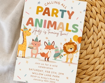 Editable Calling All Party Animals Birthday Invitation Safari Kids Party Celebration Jungle Animals in Party Hats Canva Template Download