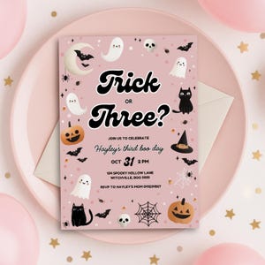 Trick Or Three Invite Girls Pink Halloween Birthday Invitation Ghost Theme 3rd Birthday Party Cute Spooky Bash October Birthday Download
