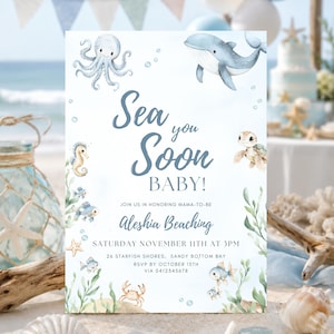 Sea You Soon Baby Shower Invite Nautical Baby is on the Way Printable Boy Sea Creature Baby Shower Editable Summer Ocean Party Invitation