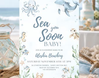 Invitación para baby shower "Sea You Soon" con temática náutica: ¡El bebé viene en camino! Invitación imprimible para baby shower de niño con temática de criaturas marinas y temática de verano. Invitación editable para fiesta oceánica.