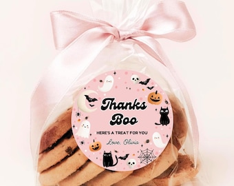 Thanks Boo Tag Pink Halloween Girl Thank You Label Pastel Ghost Favor Tag Editable Treat For You Template Cute October Party Sticker