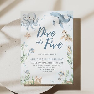 Dive Into Five Boy Invitation Boys Ocean Animals Theme Template Editable Under the Sea Party Invite Kids Sea Life 5th Birthday Download