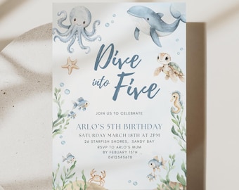 Dive Into Five Boy Invitation Boys Ocean Animals Theme Template Editable Under the Sea Party Invite Kids Sea Life 5th Birthday Download