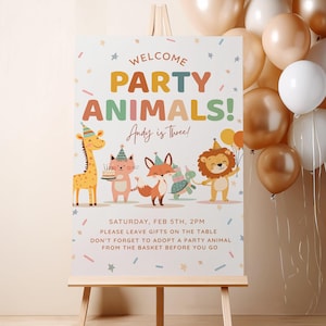Party Animals Welcome Sign, Safari Animal Birthday Poster, Editable Canva Jungle Party Decor, Digital Download