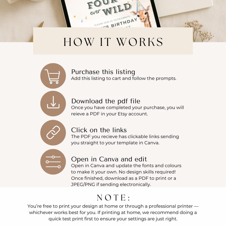 May include: A beige graphic with instructions on how to use a digital product. The text includes steps like purchasing, downloading a PDF, clicking links, and editing in Canva. A giraffe illustration is visible.