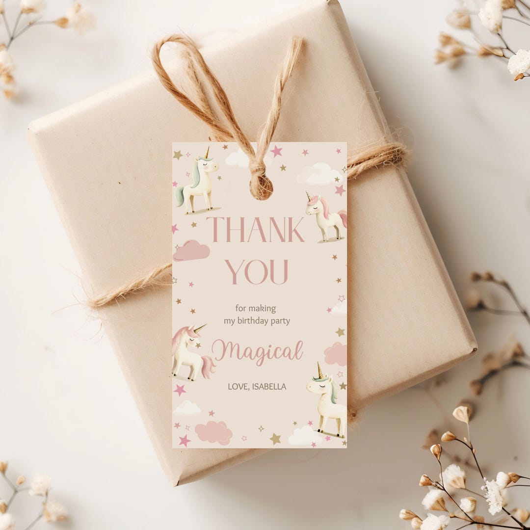 Unicorn Birthday Thank You Tag Editable Pastel Favor Tag Magical Girl ...
