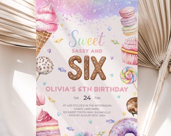 Sweet Sassy Six Birthday Invitation: Candy Donut Design (Printable)