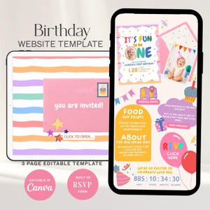 Può includere: Un modello di sito web di compleanno digitale visualizzato su un tablet e uno smartphone, con grafiche colorate, una foto di un bambino, moduli RSVP e timer per il conto alla rovescia. Il design include testi come It's fun to be one e you are invited.