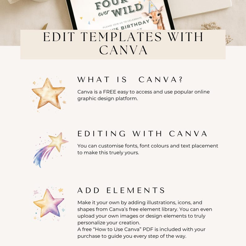 May include: A promotional image for Canva templates, featuring text and illustrations. The design includes a birthday invitation with a giraffe illustration. The text highlights Canva's features: easy access, customization options, and element additions.