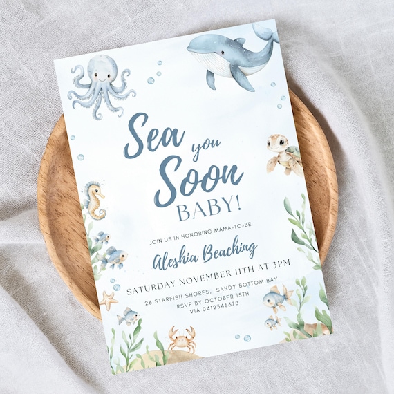 Sea You Soon Baby Shower Invite Nautical Baby is on the Way Printable Boy Sea Creature Baby Shower Editable Summer Ocean Party Invitation