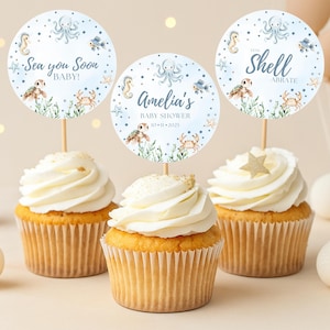 Sea You Soon Baby Shower Cupcake Toppers Editable Seashell Party Tags Coastal Ocean Baby Shower Decor Printable Sea Animal Topper Favors
