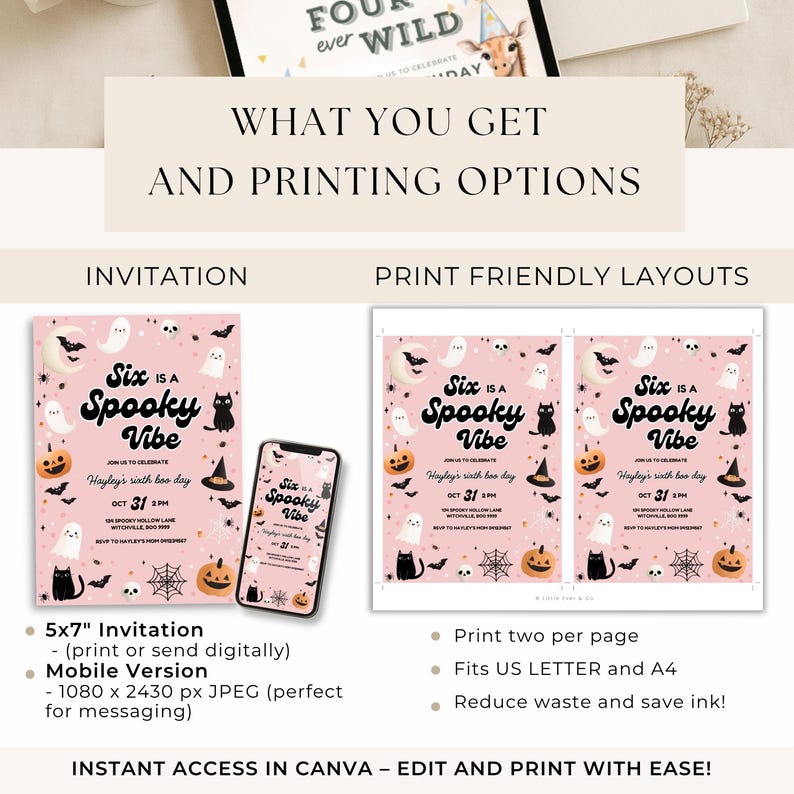Peut inclure: Invitation rose sur le th&egrave;me d'Halloween avec le texte "Six is a Spooky Vibe". Le design comprend des fant&ocirc;mes, des chauves-souris, des citrouilles et un chapeau de sorci&egrave;re. Disponible en impression 5x7 pouces ou version mobile num&eacute;rique.