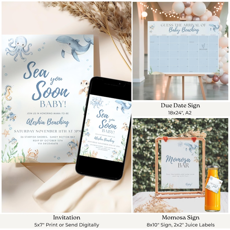 Sea You Soon Baby Bundle Summer Under the Sea Baby Shower Decor for Boy Editable Canva Party Set with Invitations Favors Signs & Labels imagen 3