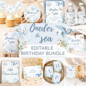 Könnte beinhalten: Ein "Oneder the Sea" Geburtstagspaket mit verschiedenen Elementen. Es enthält Einladungen, Cupcake-Topper, Wasserflaschenetiketten, Dankeskarten und dekorative Ausschnitte mit Meerestieren wie Walen, Oktopussen und Schildkröten. Das Set ist in Blau- und Beigetönen gehalten.