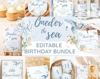 May include: A collection of "Oneder the Sea" themed birthday party supplies. The set includes invitations, cupcake toppers, water bottle labels, thank you cards, and decorative cutouts. Designs feature sea creatures in blue and beige tones, with the text "Oneder the Sea".