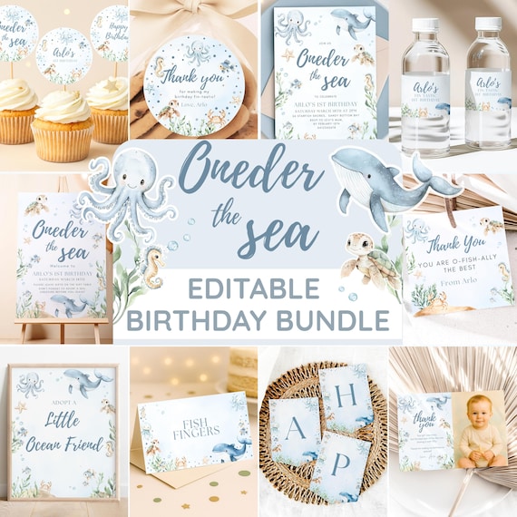 Oneder The Sea Boy Party Bundle Editable Under the Sea First Birthday Set Ocean Theme Invitation Blue Birthday Decor Printable Package