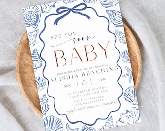 Sea You Soon Baby Shower Invitation: Under the Sea Beach Theme with Shell Design (Printable Template)