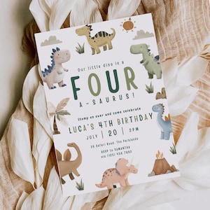 Dinosaur 4th Birthday Invitation, Roar Roar I'm Four Editable Boys Fourth Birthday Invite,  Four-A-Saurus Canva Template