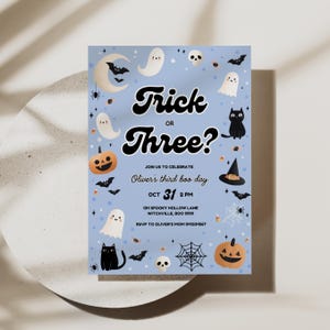Trick Or Three Birthday Invitation Halloween 3rd Birthday Invite for Boys Editable Cute Ghost Party Evite Spooky Party Printable Template