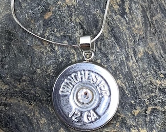 Custom 12 Gauge Winchester Shotgun Necklace, Bullet Jewelry, Silver Tone, Stainless Steel Adjustable Chain, Swarovski Crystal
