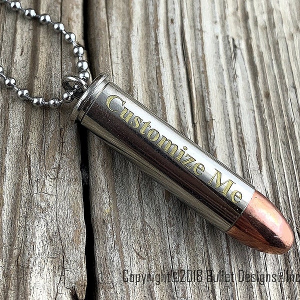 Custom Engraved Bullet Necklace, GOLD & SILVER ENGRAVING, 357 Mag, 38 Special, 44 Mag, Colt 45, 45 Auto Bullet Personalized Necklace, Laser