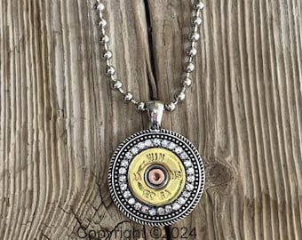 Custom 20 Gauge Rhinestone Shotgun Shell Bullet Necklace, Antique Silver, Mixed Metal, Pendant is 1 1/4" in diameter, Real 20 gauge shell