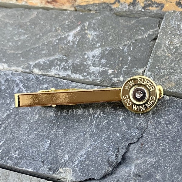 Bullet Tie Clip, 300 Win Mag Brass, WWS, Suit, Anniversary, Wedding Gift Idea for Him, Gold Tone, Recycled, Sharp Dressed Man, Father's Day