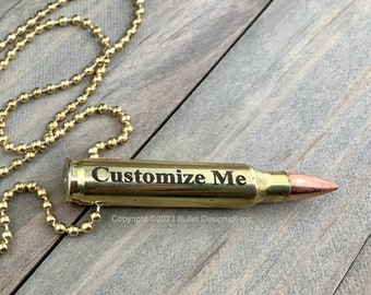 Engraved Brass Bullet Necklace, Engraving, 308, 30-06, 30-30, 270, 243, Ak-47, 223, Ar-15, M4, Personalized, Drilled, Custom, TNR