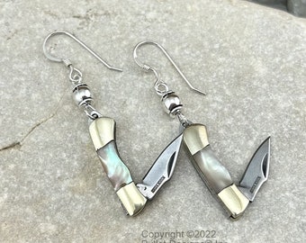 Knife Earrings, Abalone Shell Rough Ryder Knife Earrings, Unique Earrings, Sterling Silver Earwires, Stainless Steel Blade, Tiny Knife