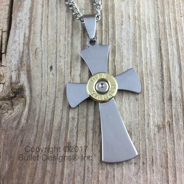Cross Bullet Necklace, Stainless Steel Bullet Cross Necklace, Custom Unisex Cross Necklace, 9mm, 38 Special, 357 Mag, 40 Caliber, Colt 45