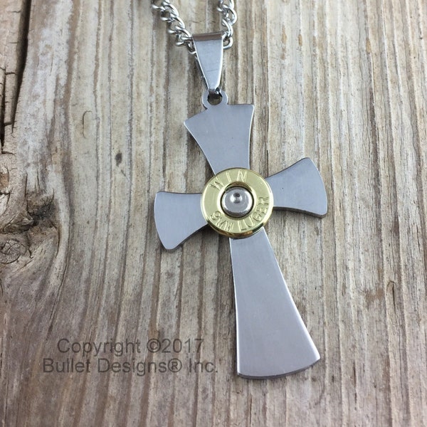 Cross Bullet Necklace, Stainless Steel Cross, Custom Unisex, 9mm, 38 Special, 357 Mag, 40 Caliber, Colt 45