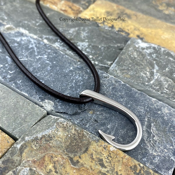 Stainless Steel Fish Hook Necklace w/ Brown Leather Cord, Hook Necklace, Choker Necklace, Unisex Necklace, Leather Choker, Unique, Choker